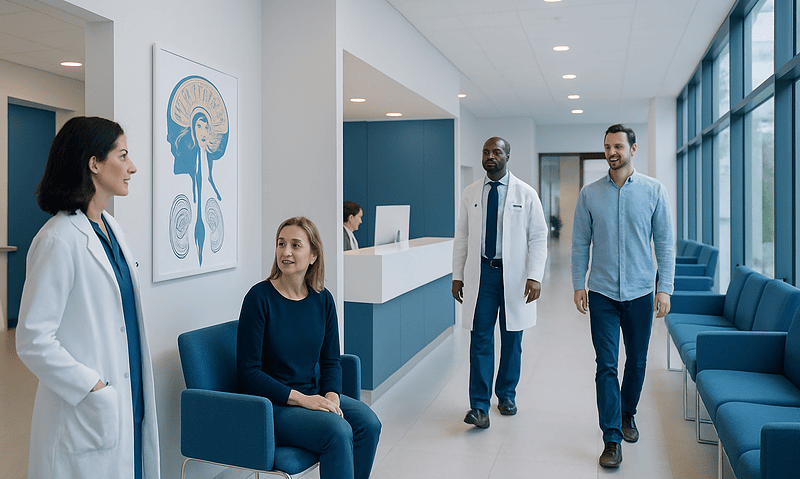 Medical team consulting with patient in modern hospital corridor.