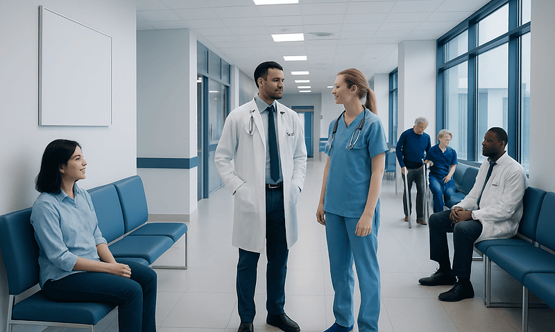 Ceruloplasmin: A Complete Medical Overview 5 Medical professionals and patients in a hospital corridor at Acibadem Hospitals Group.
