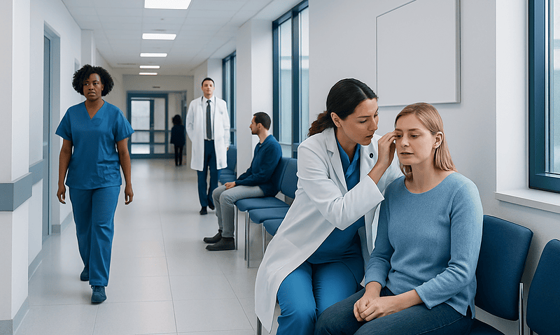 Doctor examining a young woman's ear in a hospital corridor.
