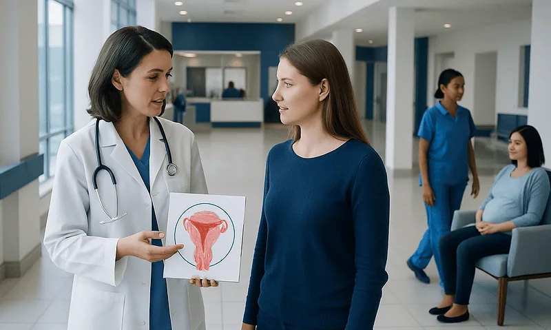 Gynecologist explaining uterine health to a patient in a hospital corridor.