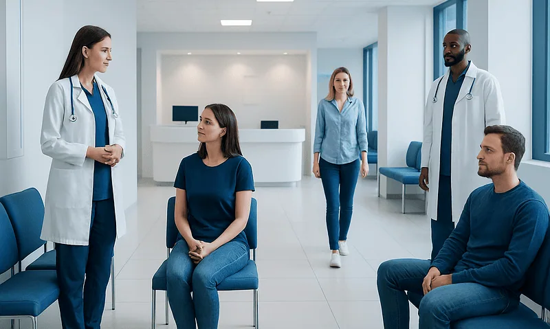 Medical consultation in a hospital with healthcare professionals and patients.