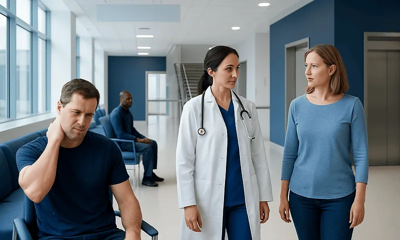 Patient with neck pain consulting with a doctor in a hospital corridor.