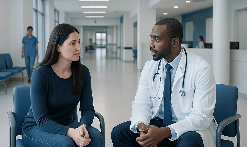 Cervical tenderness during intercourse: Symptoms, Causes, and Treatment — Complete Patient Guide 1 Doctor consulting with a female patient in a hospital corridor.