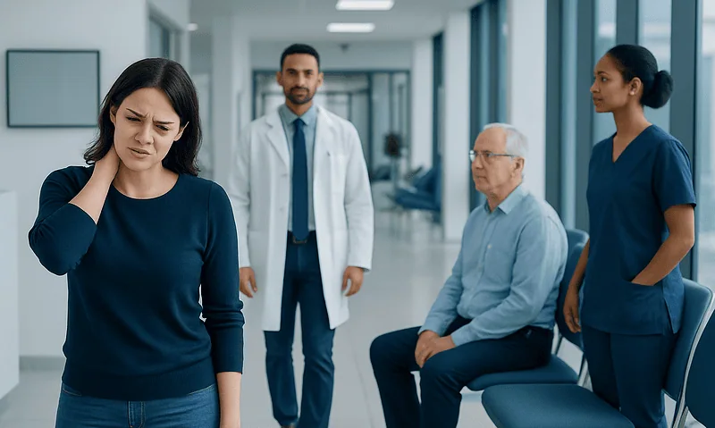 Woman experiencing neck pain in a hospital corridor with medical staff nearby.