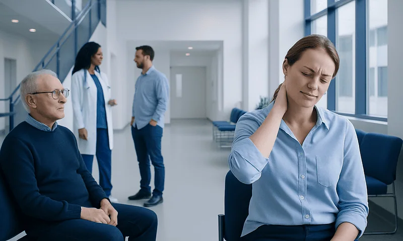 Woman experiencing neck pain in a hospital waiting area.