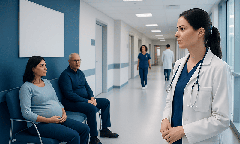 Doctor consulting pregnant woman in hospital corridor.