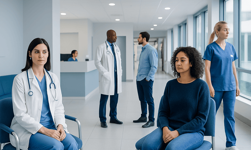Medical professionals and patients in a modern hospital corridor.