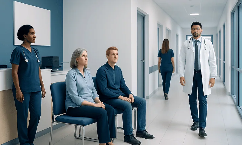 Medical consultation in a hospital corridor with healthcare professionals and patients.