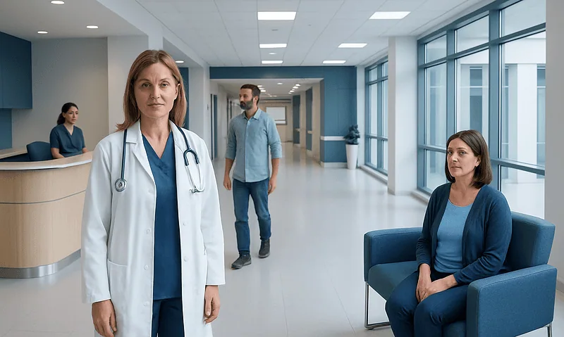 Healthcare professionals and patient in a modern hospital corridor.