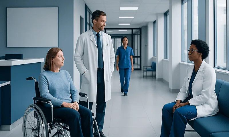 Medical team consulting with a patient in a hospital corridor.