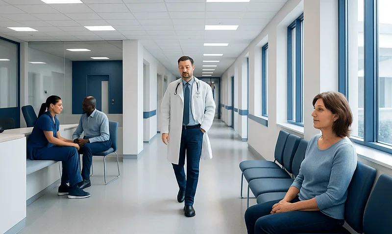 Hospital corridor with doctor and patients in a modern healthcare facility.