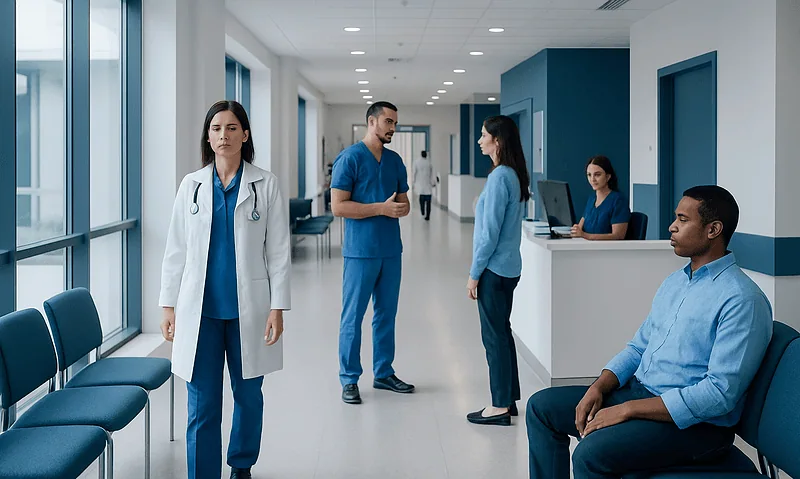 Medical staff and patients in a hospital corridor at Acibadem Hospitals Group.