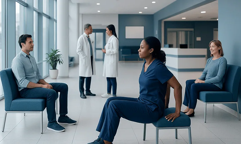 Medical consultation in a modern hospital waiting area with healthcare professionals and patients.
