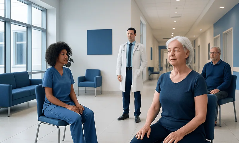 Patients practicing chair yoga in a hospital waiting area with medical staff present.