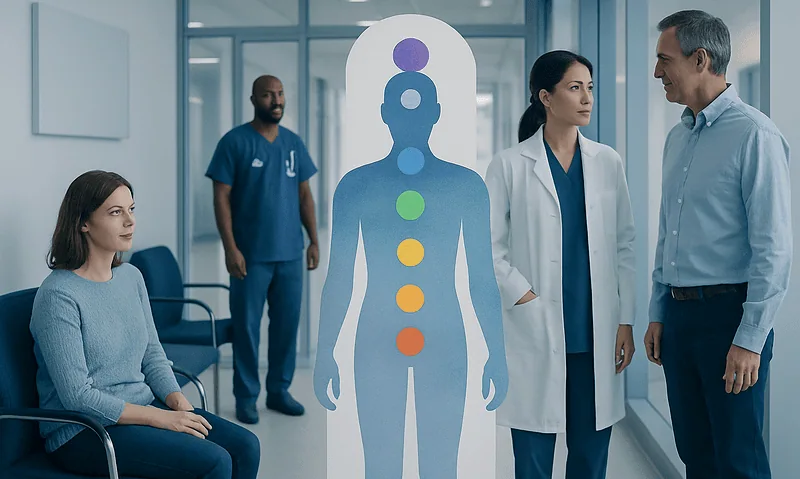 Medical professionals discuss chakras and holistic health in a hospital setting.