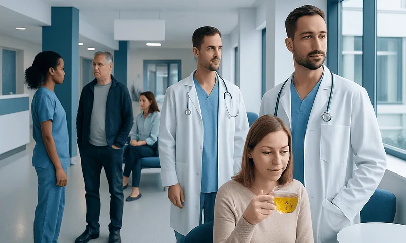 Medical team and patient in hospital corridor with tea.