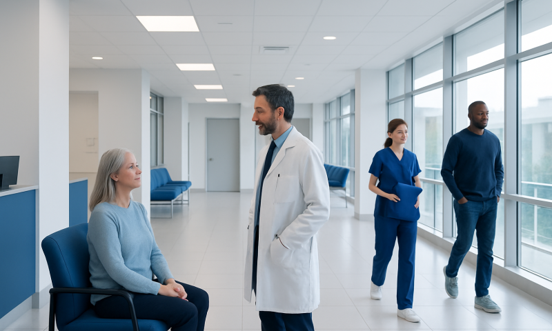 Doctor consulting with elderly patient in hospital corridor.