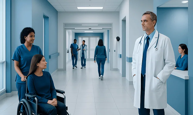 Doctor talking to patient in wheelchair in hospital corridor.