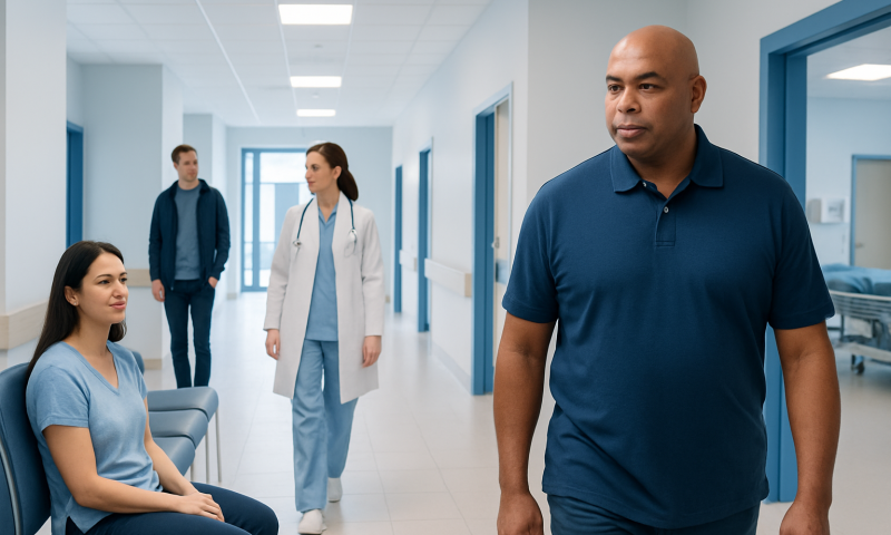 Diverse group of patients and medical staff in hospital corridor.