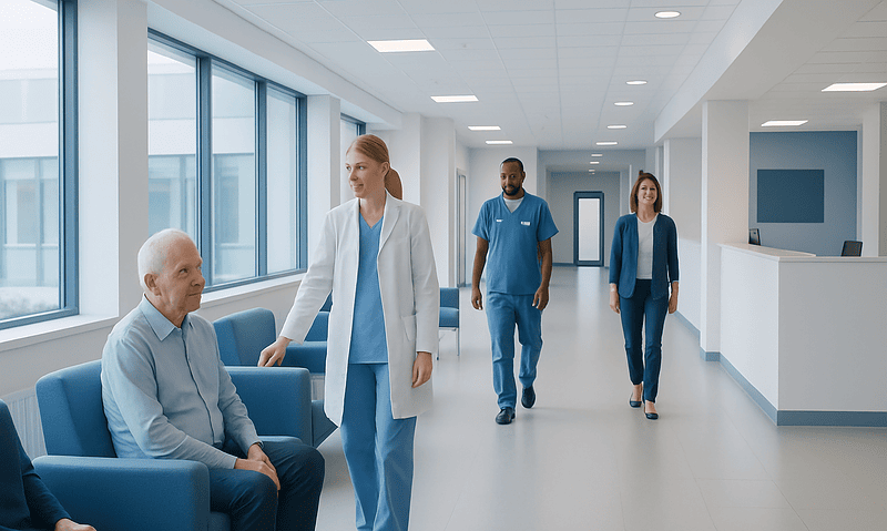 Healthcare professionals consulting with a patient in a modern hospital corridor.