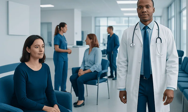 Doctor with patients in a modern hospital waiting area.