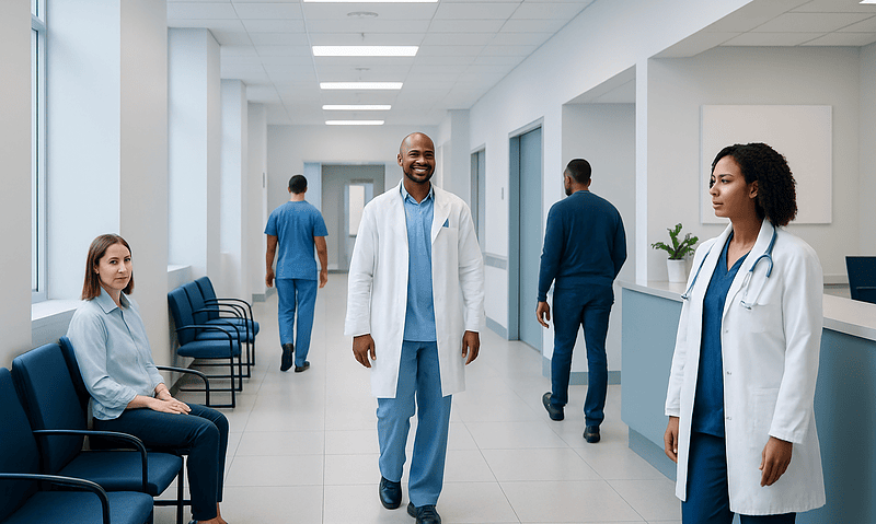 Healthcare professionals and patients in a modern hospital corridor.