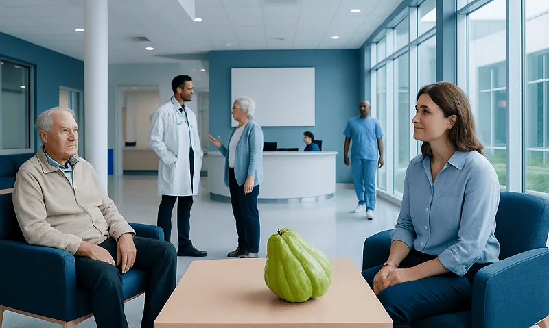 Patients and doctors in a modern hospital waiting area with a chayote squash on the table.