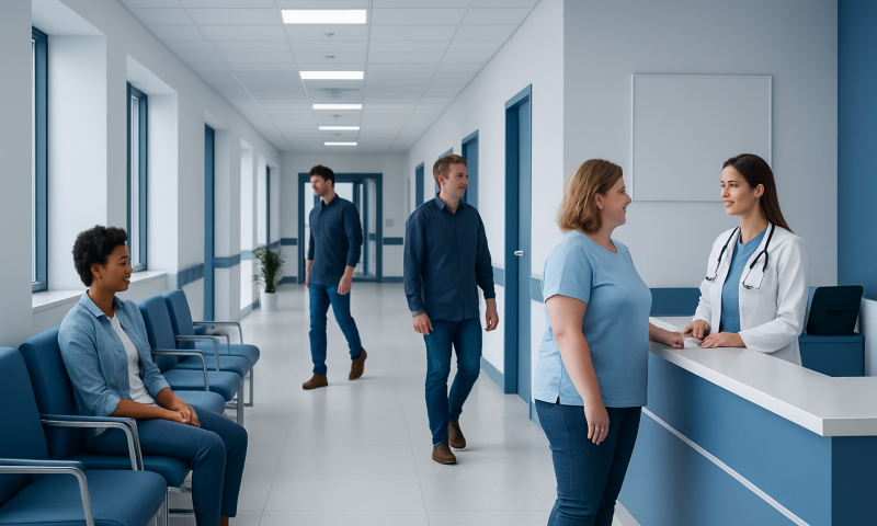Patients and staff in a modern hospital corridor at Acibadem Hospitals Group.