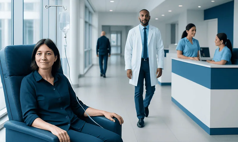 Patient receiving chelation therapy in a modern hospital setting.