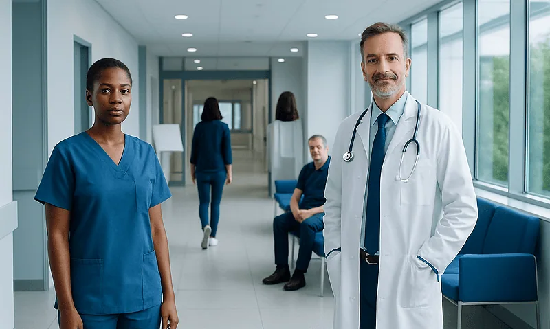 Medical professionals in hospital corridor at Acibadem Hospitals Group.