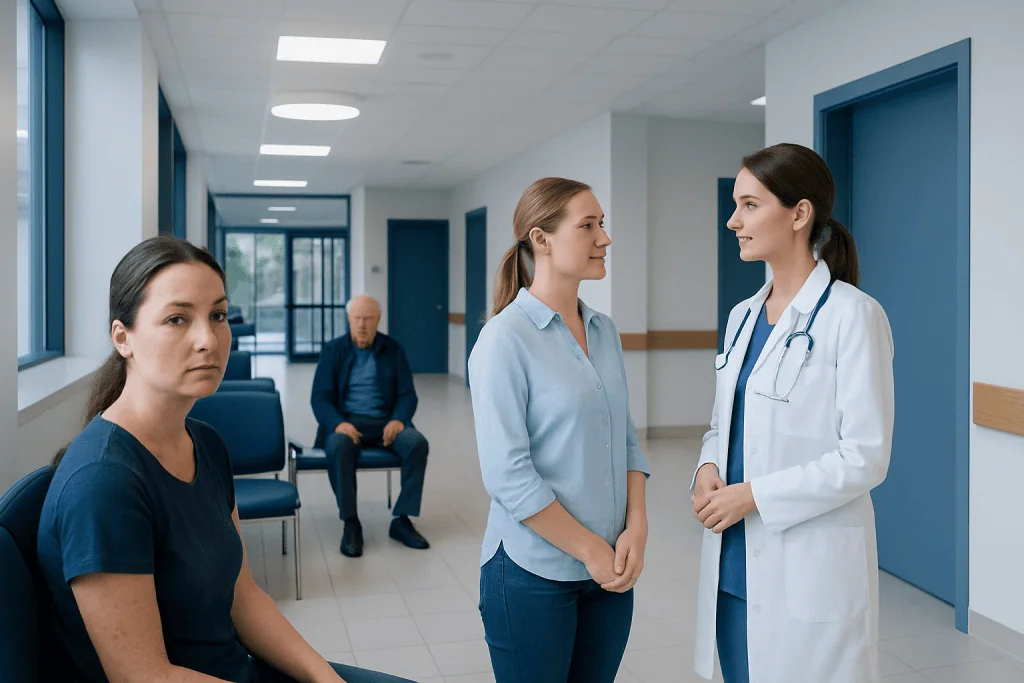 Chemical Peel Before and After: An Evidence-Based Guide for Patients 1 Patients waiting in a hospital corridor with a doctor consulting a woman.