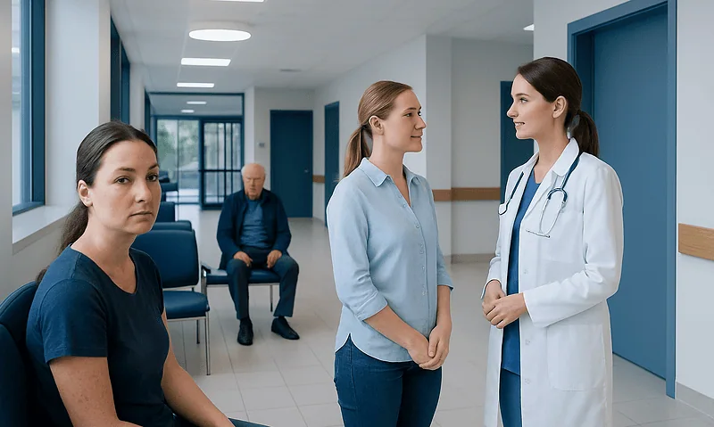 Patients waiting in a hospital corridor with a doctor consulting a woman.