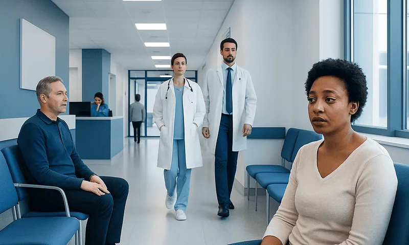 Patients waiting in a hospital corridor with medical staff approaching.