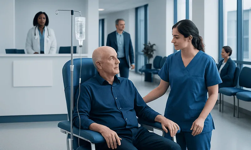 Patient receiving care from nurse in hospital room with IV drip.
