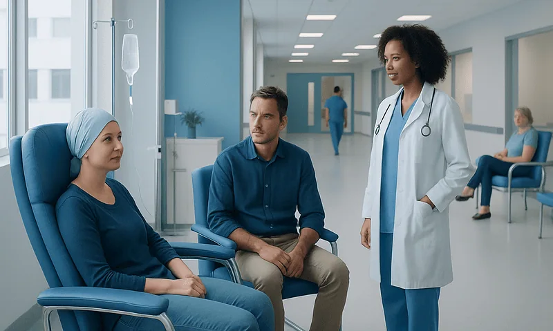 Patient and visitor talking to doctor in hospital corridor.
