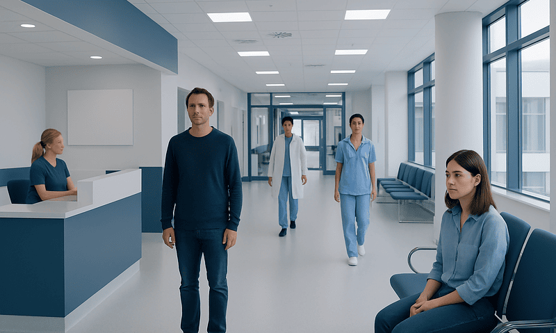 Modern hospital corridor with patients and staff in a healthcare facility.