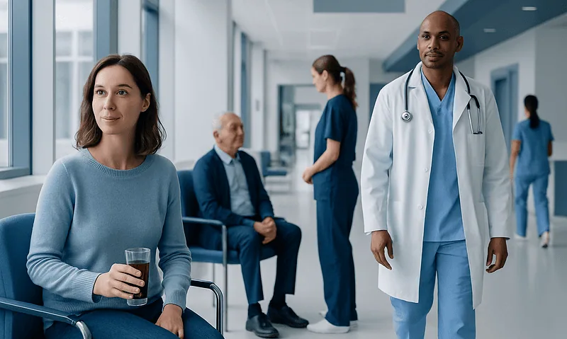 Hospital corridor with patients and medical staff, including a woman with a drink and a doctor.