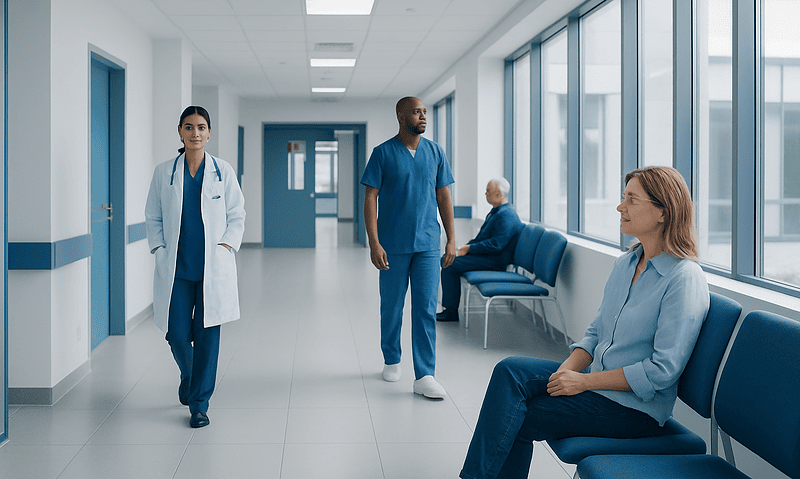 Medical staff and patient in a hospital corridor with large windows.