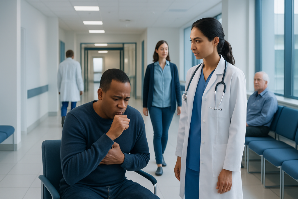 Chest Congestion and Cough Explained: Common Triggers and Red Flags 1 Doctor consulting a patient with cough in hospital corridor.