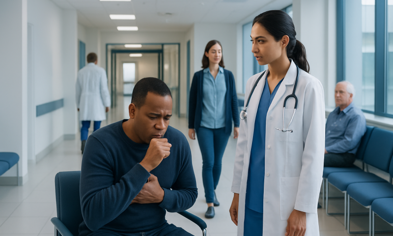 Doctor consulting a patient with cough in hospital corridor.