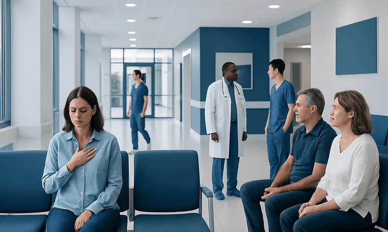 Patient experiencing chest discomfort in a hospital waiting area.