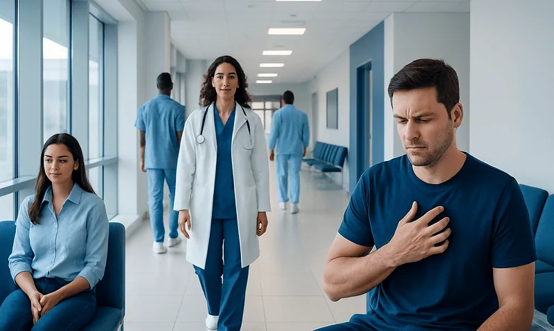 Patient experiencing chest discomfort in hospital corridor with medical staff nearby.
