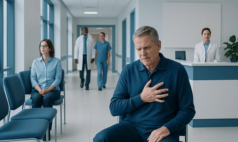 Man experiencing chest pain in a hospital corridor with medical staff nearby.