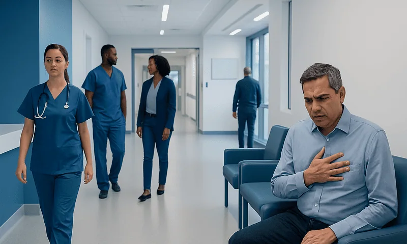 Patient experiencing chest pain in hospital corridor with medical staff nearby.