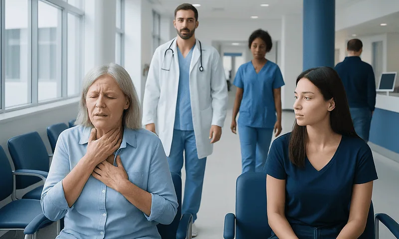 Chest tightness throat tightness: Symptoms, Causes, and Treatment — Complete Patient Guide 16 Elderly woman experiencing chest discomfort in hospital waiting area.