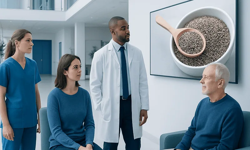 Medical professionals discussing chia seeds benefits in a hospital setting.