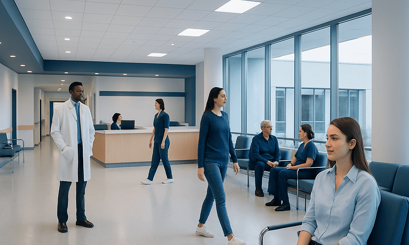 Modern hospital waiting area with patients and staff at Acibadem Hospitals Group.