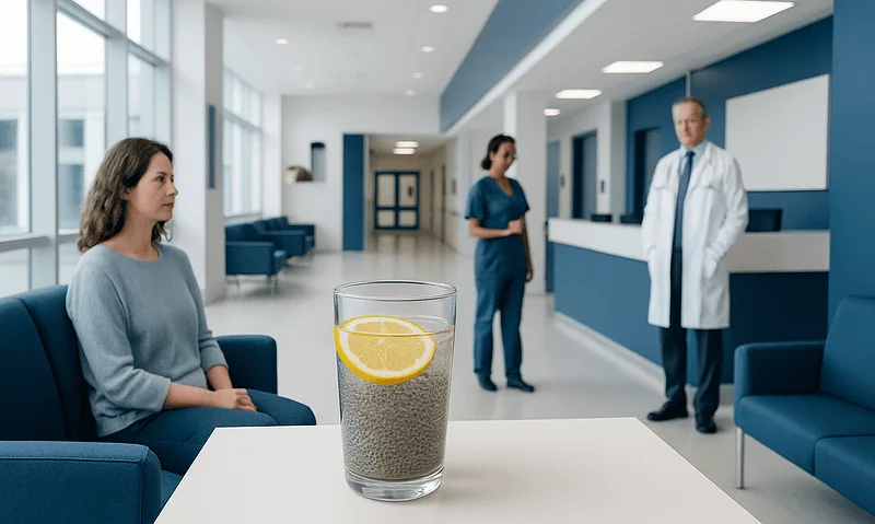 Patient waiting in hospital lobby with a glass of chia seeds and lemon water on table.