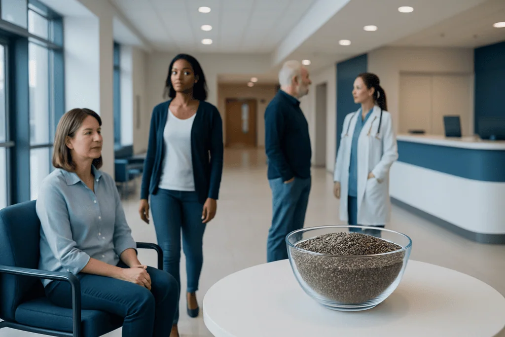 Chia Seeds: What Patients Need to Know 1 Patients and doctor in hospital lobby with chia seeds on table.