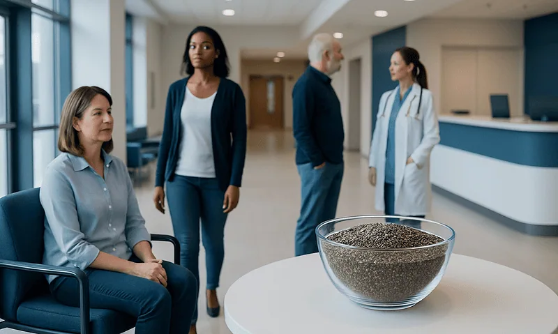 Patients and doctor in hospital lobby with chia seeds on table.